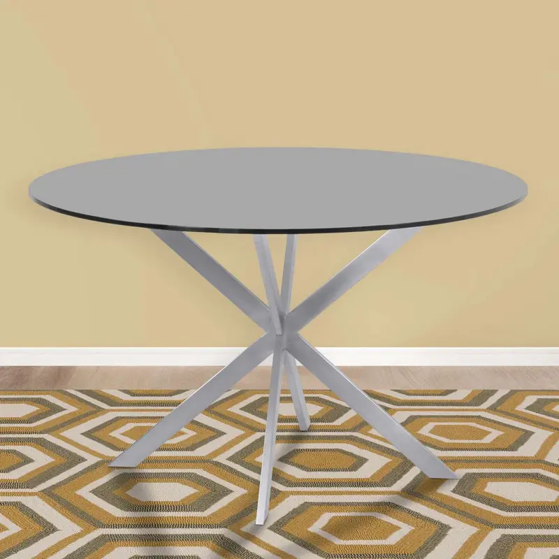 Mystere Round Dining Table in Brushed Stainless Steel with Gray Tempered Glass Top By Armen Living