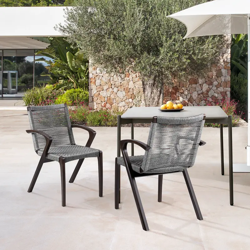 Nabila Outdoor Dark Eucalyptus Wood and Grey Rope Dining Chairs - Set of 2 By Armen Living
