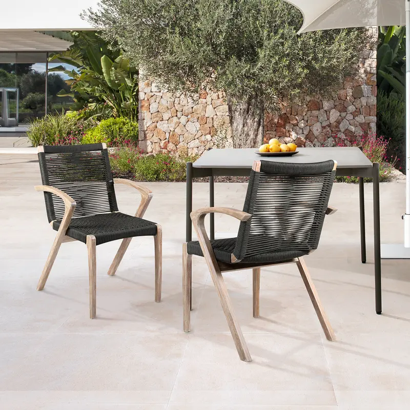 Nabila Outdoor Light Eucalyptus Wood and Charcoal Rope Dining Chairs - Set of 2 By Armen Living