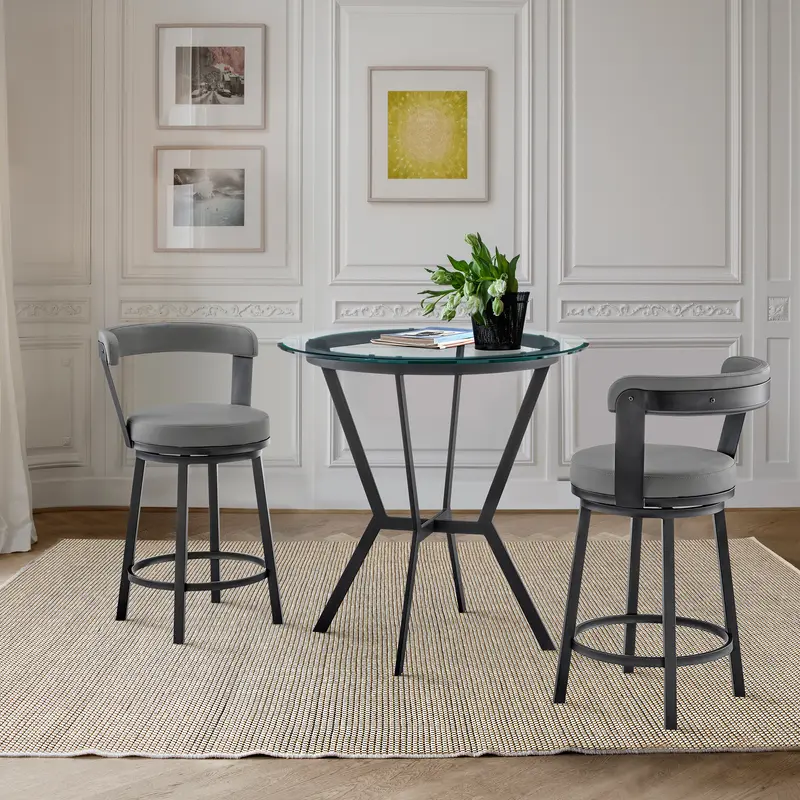 Naomi and Bryant 3-Piece Counter Height Dining Set in Black Metal and Grey Faux Leather By Armen Living