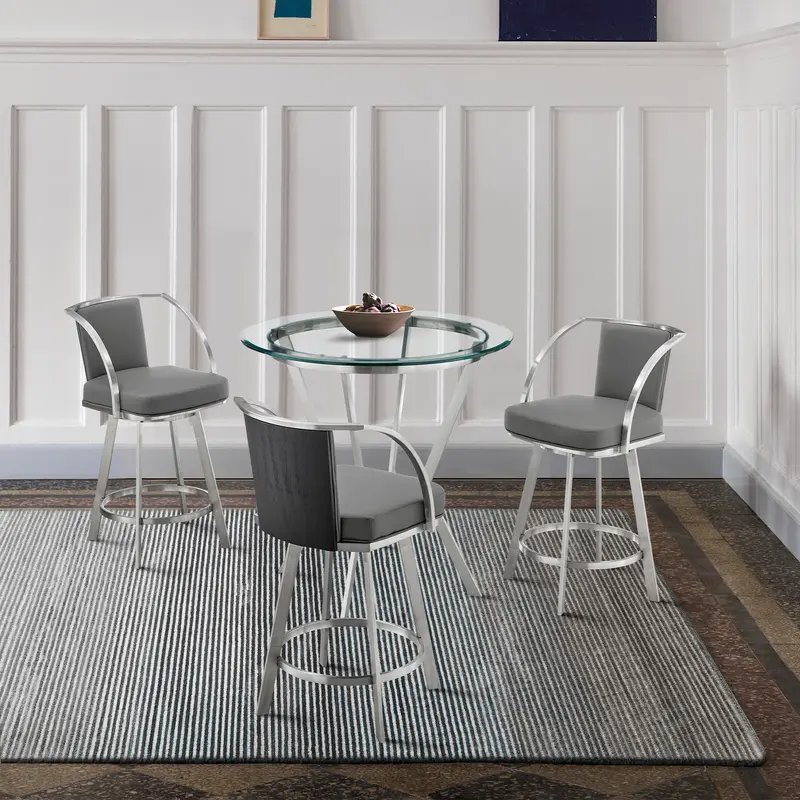 Naomi and Livingston 4-Piece Counter Height Dining Set in Brushed Stainless Steel and Grey Faux Leather By Armen Living