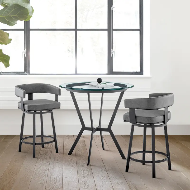 Naomi and Lorin 3-Piece Counter Height Dining Set in Black Metal and Grey Faux Leather By Armen Living