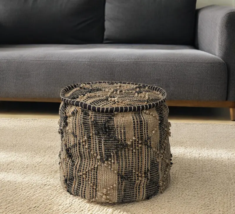 Natural And Black Geometric Cylindrical Jute Ottoman By Homeroots