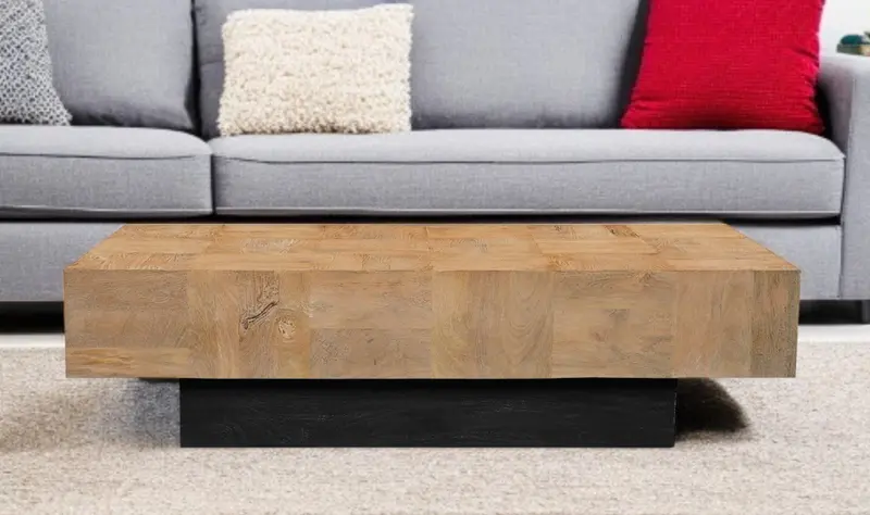 Natural and Black Solid Wood Block Coffee Table By Homeroots