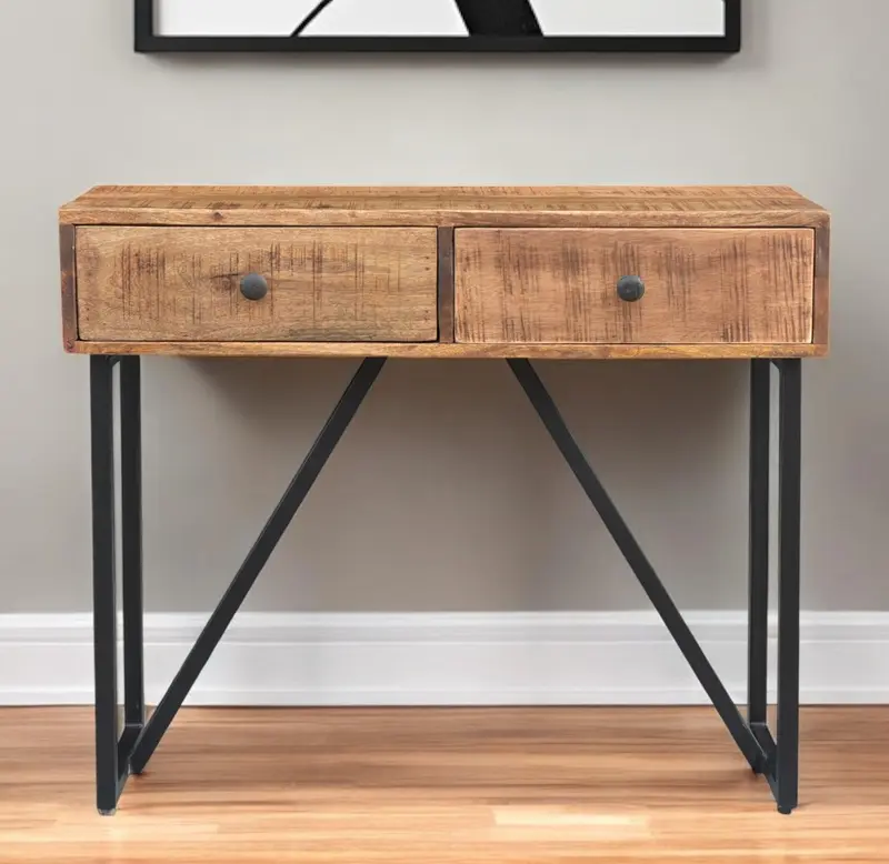 Natural and Black Solid Wood Distressed Frame Console Table And Drawers By Homeroots