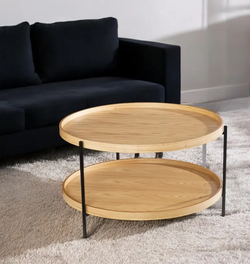 Natural and Black Wood and Metal Round Coffee Table By Homeroots