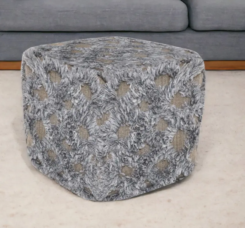 Natural and Gray Wool Cotton Blend Cube Geometric Pouf Ottoman By Homeroots