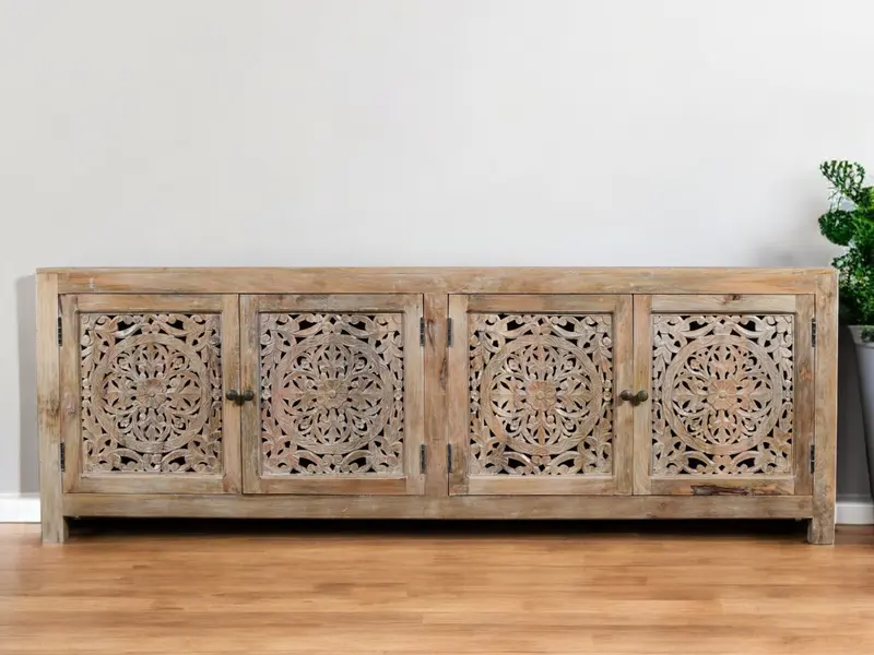 Natural Carved Floral Distressed Solid Wood Enclosed Storage TV Stand By Homeroots