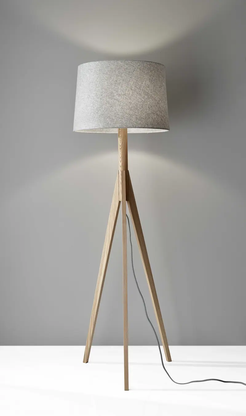 Natural Wood Floor Lamp with Tripod Base and Grey Felt Tapered Drum Shade By Homeroots