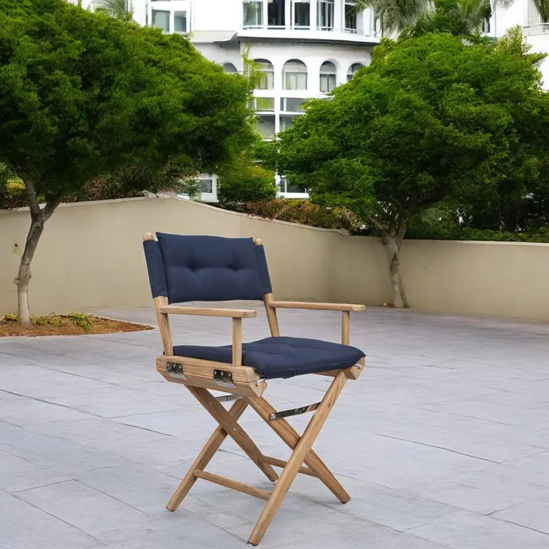 Navy Blue And Brown Solid Wood Director Chair With Navy Blue Cushion By Homeroots