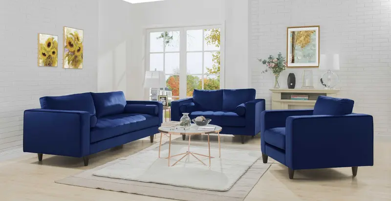 Navy Velvet Sofa w Pillows By Homeroots