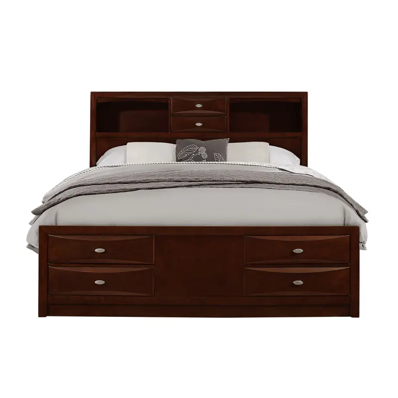 New Merlot Veneer Queen Bed With Bookcase Headboard 10 Drawers By Homeroots