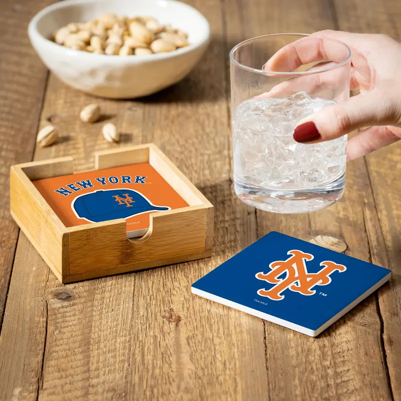 New York Mets Ceramic Coasters Set, 4pcs with Wood Caddy
