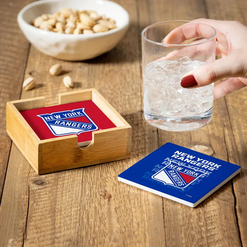 New York Rangers Ceramic Coasters Set, 4pcs with Wood Caddy