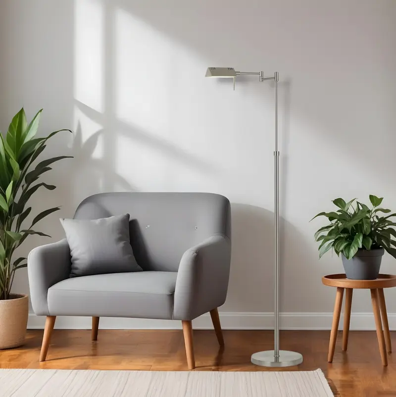 Nickel Metal Adjustable Swing Arm Floor Lamp With Gray Shade By Homeroots