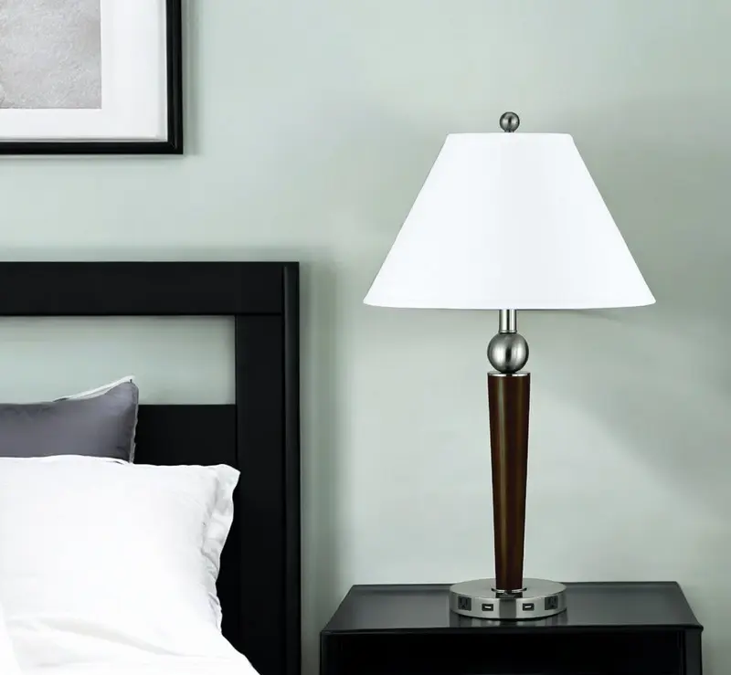 Nickel Metal Geometric USB Table Lamp With White Empire Shade By Homeroots