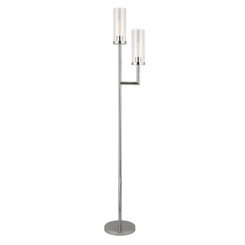 Nickel Two Light Torchiere Floor Lamp With Clear Transparent Glass Drum Shade By Homeroots