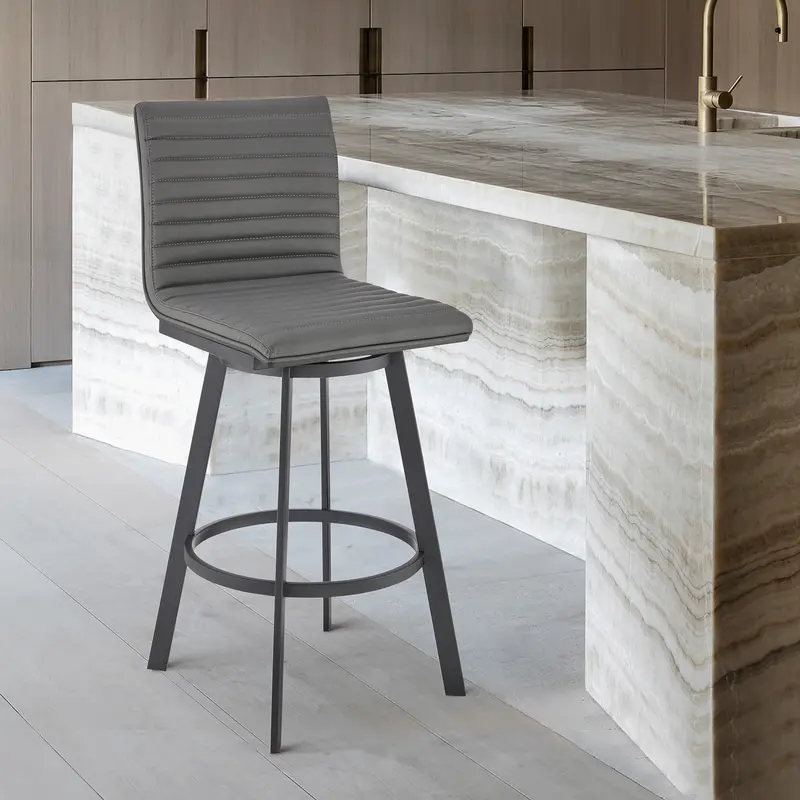 Nikole 30" Bar Height Swivel Bar Stool in Matt Black Finish with Gray Faux Leather By Armen Living