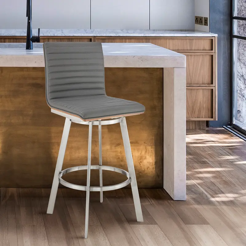 Nikole 30" Bar Height Walnut Swivel Bar Stool in Brushed Stainless Steel Finish and Gray Faux Leather By Armen Living