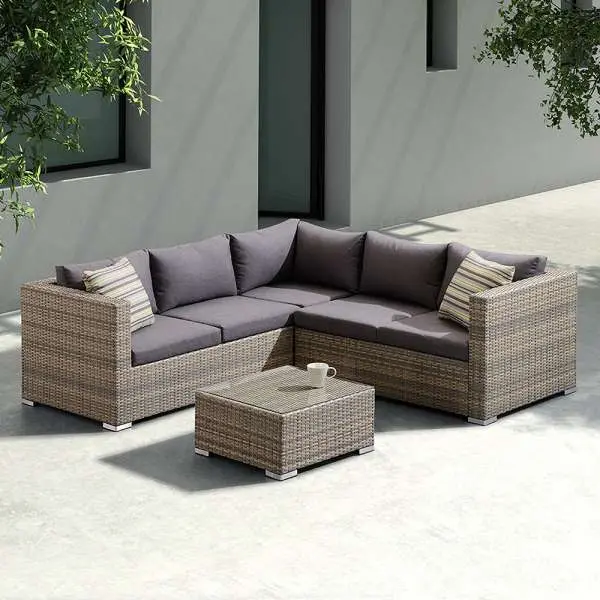 Nina 3 piece Outdoor Rattan Sectional Set with Dark Brown Cushions and Modern Accent Pillows By Armen Living