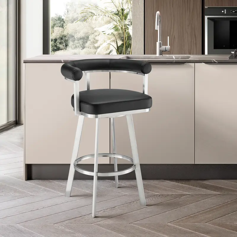 Nolagam Swivel Bar Stool in Brushed Stainless Steel with Black Faux Leather By Armen Living