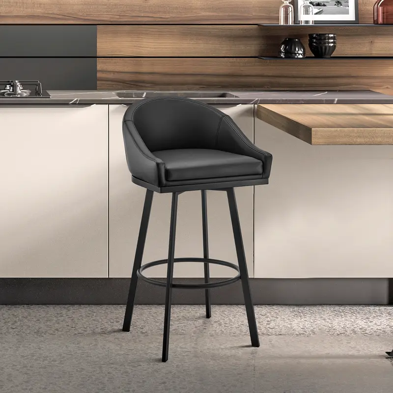 Noran Swivel Counter Stool in Black Metal with Black Faux Leather By Armen Living