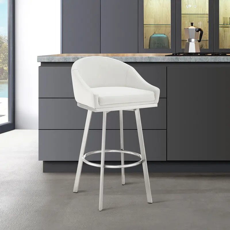 Noran Swivel Counter Stool in Brushed Stainless Steel with White Faux Leather By Armen Living