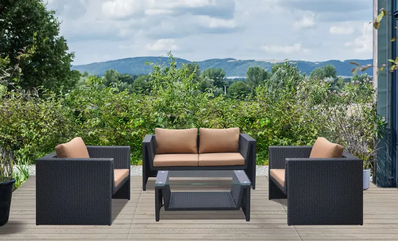 Oahu 4 piece Outdoor Wicker Patio Set with Brown Fabric Cushions and Temperated Glass Top By Armen Living