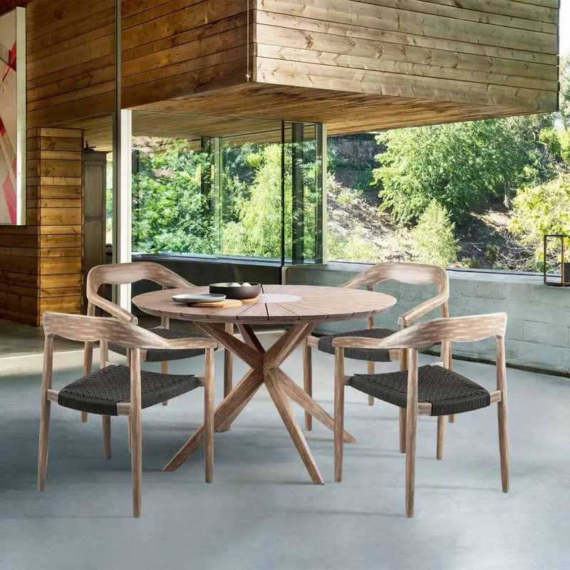 Oasis Santo Outdoor Patio 5 Piece Round Dining Set in Eucalyptus Wood and Charcoal Rope  By Armen Living