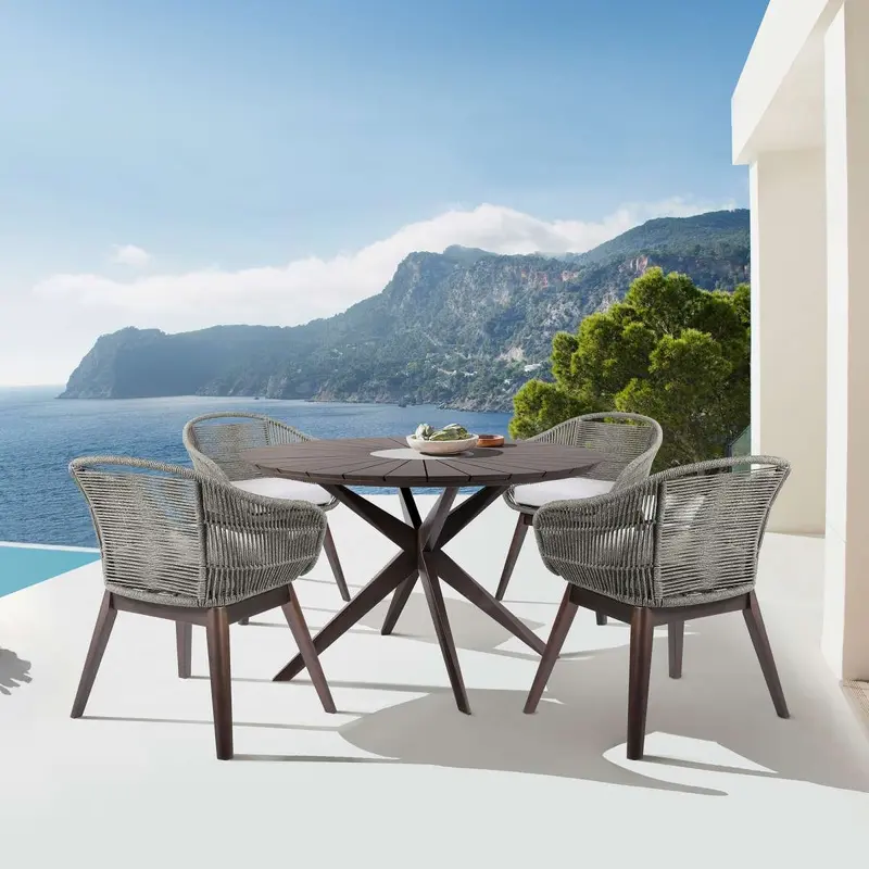 Oasis Tutti Frutti Outdoor Patio 5 Piece Round Dining Set in Eucalyptus Wood with Gray Rope and Cushions By Armen Living
