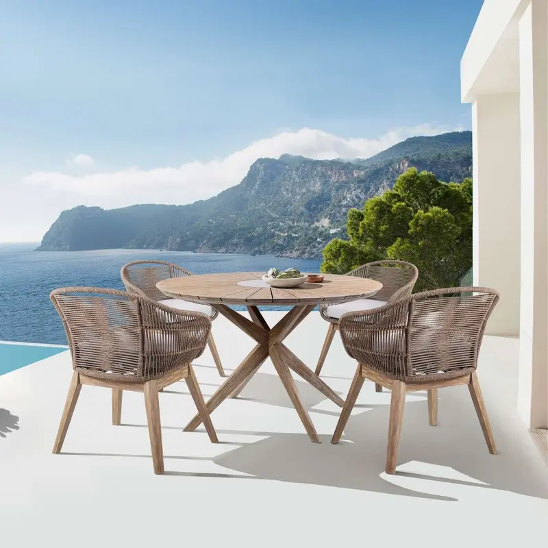 Oasis Tutti Frutti Outdoor Patio 5 Piece Round Dining Set in Eucalyptus Wood with Truffle Rope and Gray Cushions By Armen Living