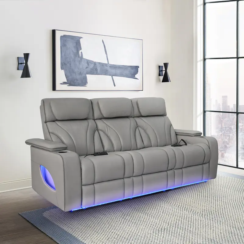 Octavia 86" Zero Gravity Power Reclining Sofa with Heat and Massage in Silver and Gray Leather By Armen Living