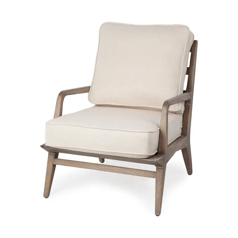 Off White Fabric Seat Accent Chair with Ash Wood Frame By Homeroots