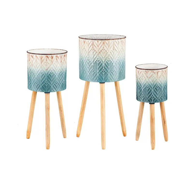 Ombre Blue Feather Metal Planter with Wooden Legs, Set of 3