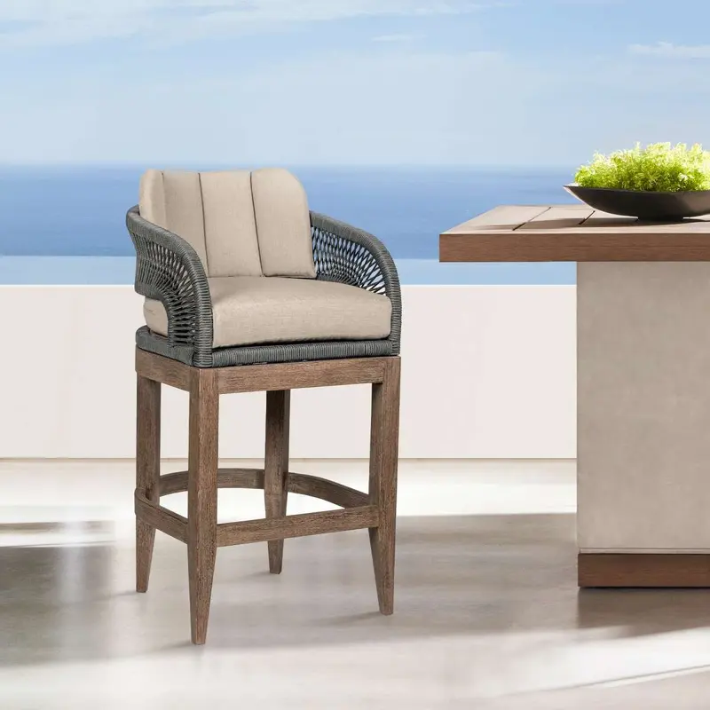 Orbit Outdoor Patio 26" Counter Stool in Weathered Eucalyptus Wood with Gray Rope and Taupe Olefin Cushions By Armen Living