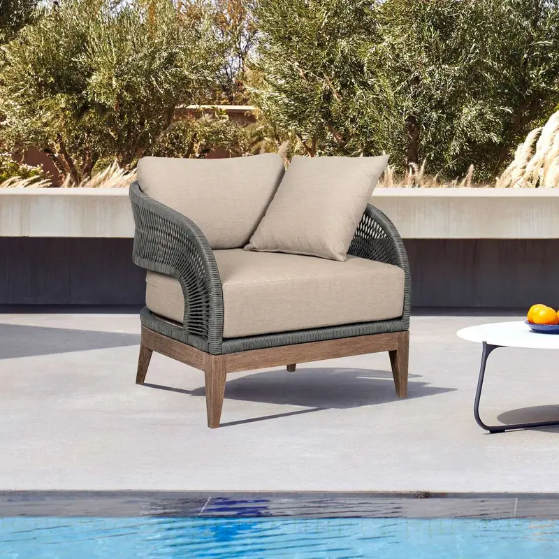 Orbit Outdoor Patio Chair in Weathered Eucalyptus Wood with Gray Rope and Taupe Olefin Cushions By Armen Living