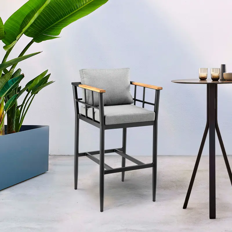 Orlando Outdoor Patio Bar Stool in Aluminum and Teak with Gray Cushions By Armen Living
