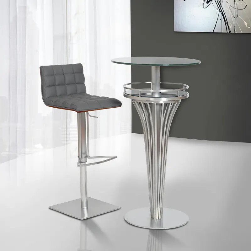 Oslo Adjustable Brushed Stainless Steel Barstool in Gray Faux Leather with Walnut Back By Armen Living