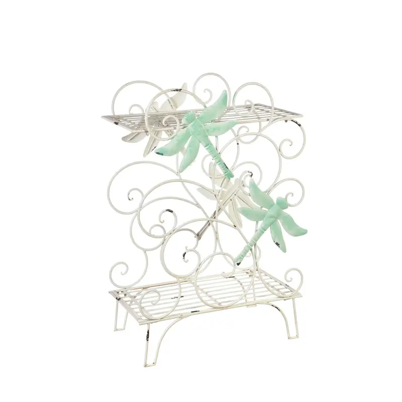 Outdoor Potting Table / Storage Display, Distressed White Scrolls With Dragonflies