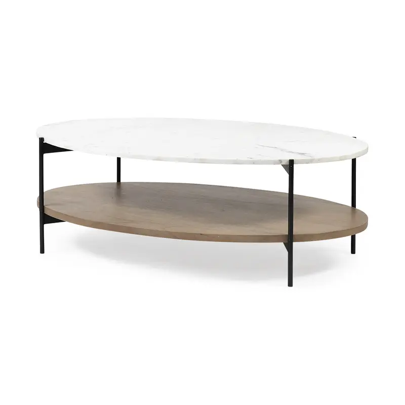 Oval White Marble Top and Black Metal Base Coffee Table w Wood Shelf By Homeroots