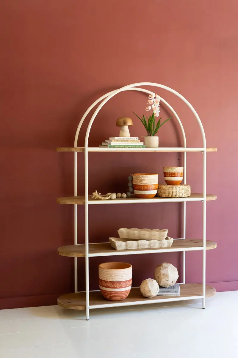 Painted Metal Arched Display With Four Wooden Shelves By Kalalou