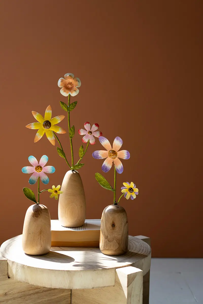 Painted Metal Flowers With Wooden Bases Set Of 3 By Kalalou