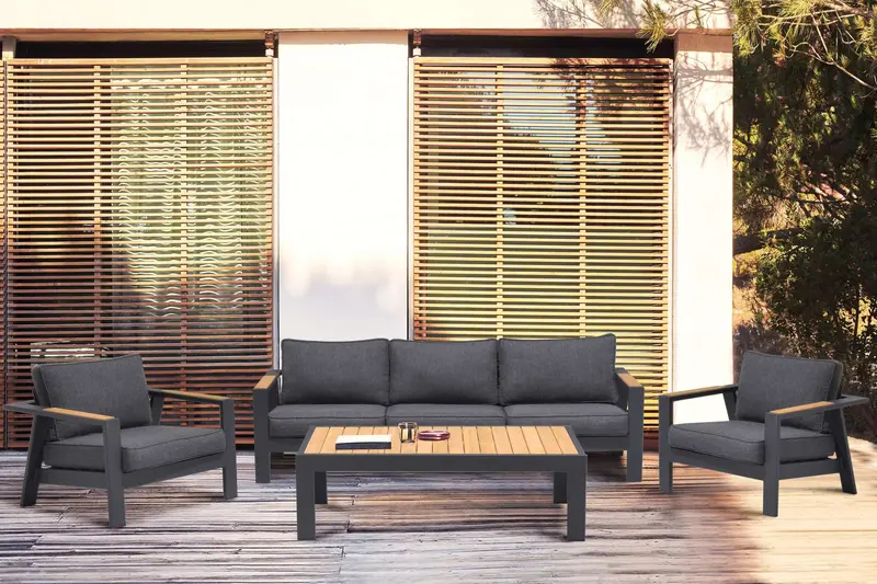 Palau 4 Piece Outdoor Sofa Set in Dark Grey with Natural Teak Wood Accent Top By Armen Living