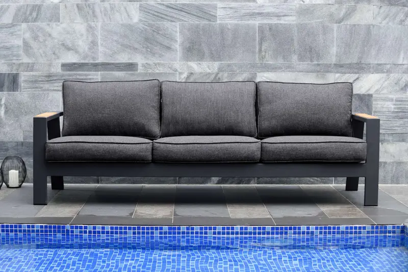 Palau Outdoor Sofa in Dark Grey with Natural Teak Wood Accent and Cushions By Armen Living