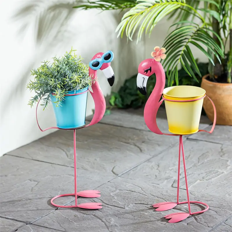 Palm Beach Planter, Metal Flamingo with Glasses, 18", Asst of 2