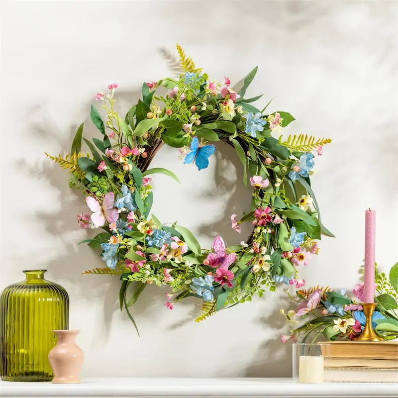 Palm Beach Wreath, Artificial Bright Butterfly Floral, 21.5"
