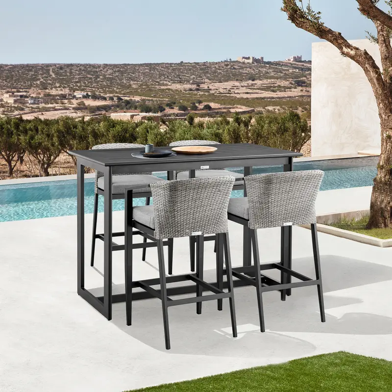 Palma Outdoor Patio 5-Piece Bar Table Set in Aluminum with Gray Cushions By Armen Living