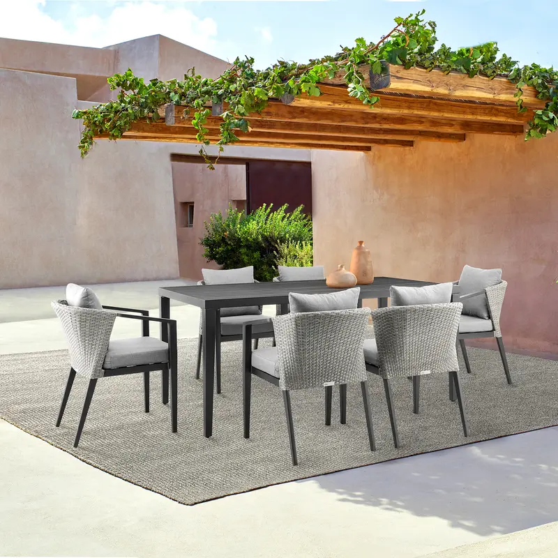 Palma Outdoor Patio 7-Piece Dining Table Set in Aluminum and Wicker with Gray Cushions By Armen Living