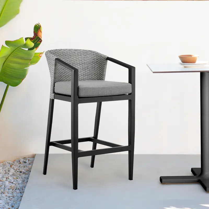 Palma Outdoor Patio Counter Height Bar Stool in Aluminum and Wicker with Gray Cushions By Armen Living