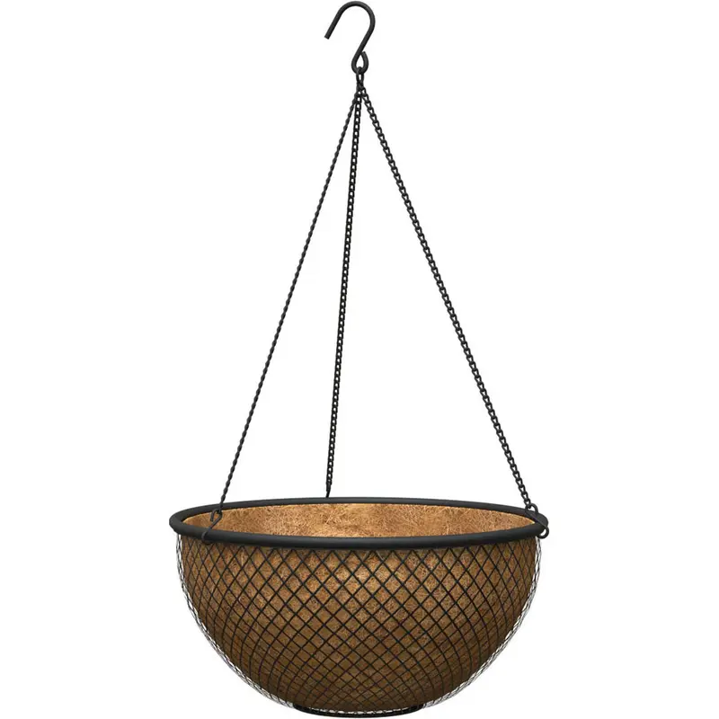 Panacea Tube and Mesh Hanging Basket with Coco Liner 14 in Heavy Duty Metal Hanging Planter Brown